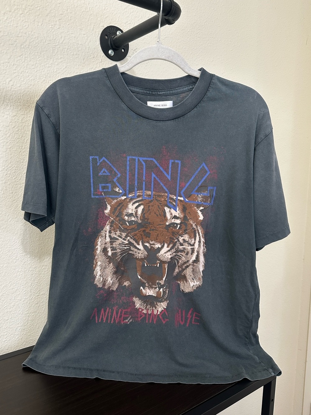 Anine Bing Black Tiger Graphic Tee with Blue Logo
